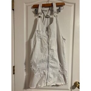 American Bazi White Distressed Denim Overall Dress Zip Front 2X Beach Party